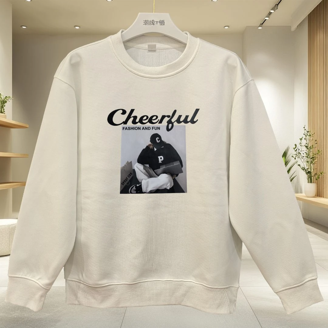 圆新款领男长袖秋季字母印花圆领男士卫衣白色秋季宽松潮流