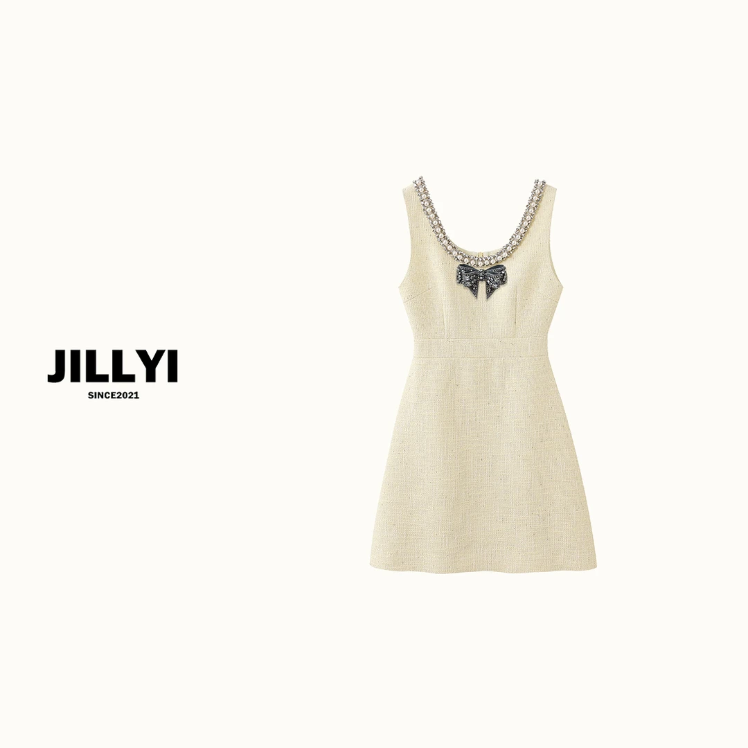 JILLYI【花蕊浅黄】浅黄色U领夏款气质休闲风无袖百搭时尚连衣裙