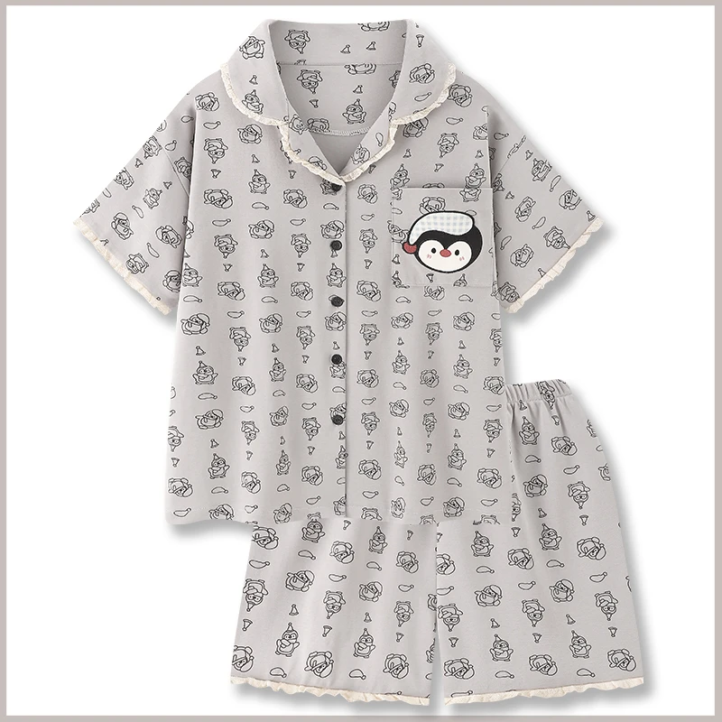 『睡帽企鹅』卡通睡衣女款新款夏季凉感纯棉短袖套装纯棉睡衣家居服
