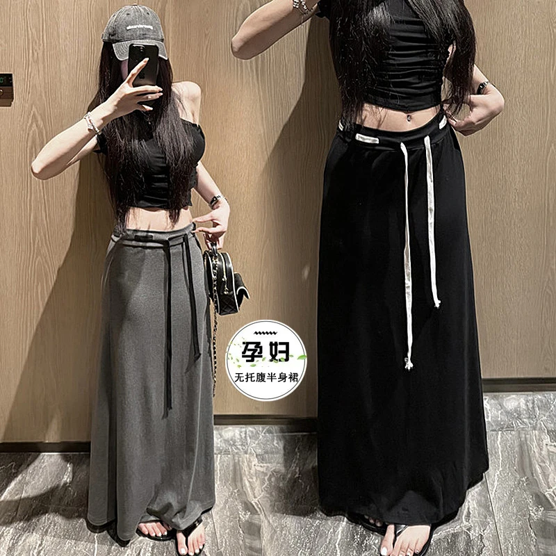 孕妇装~孕妇新款高弹垂感设计感抽绳无托腹半身裙