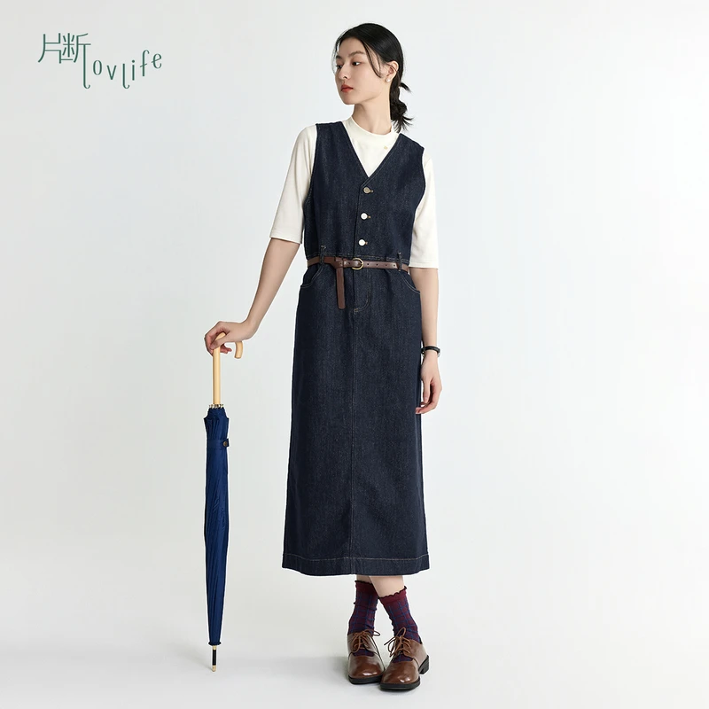 片断连衣裙女2024春季新款收腰显瘦牛仔背带裙气质通勤休闲长裙