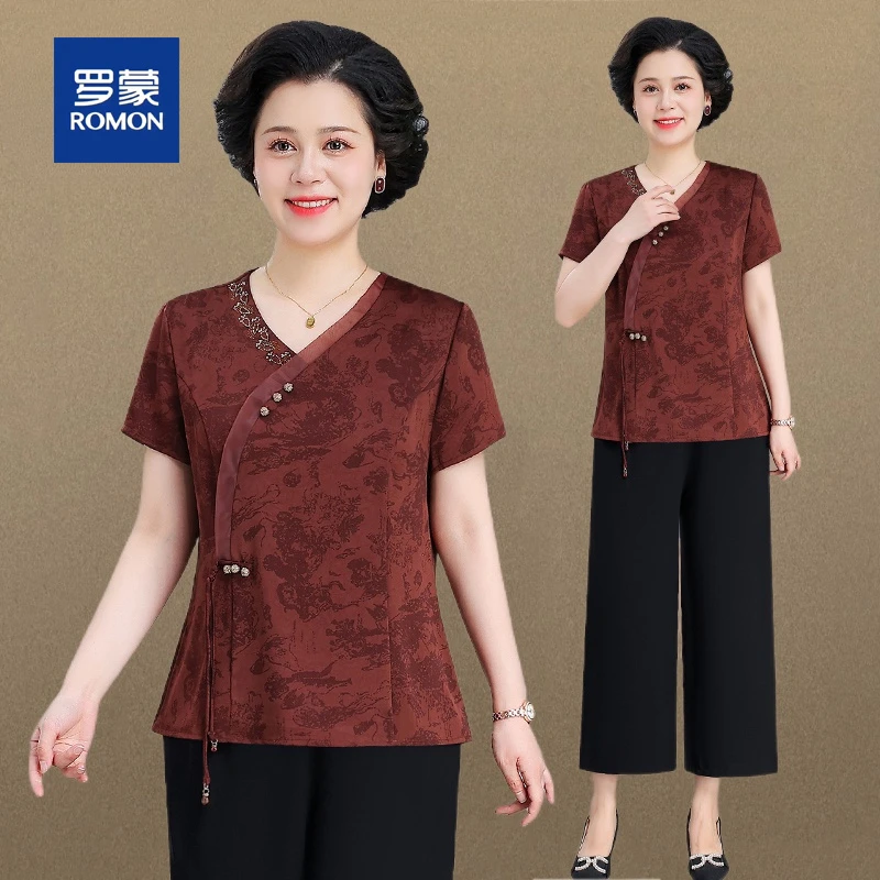 罗蒙新中式短袖妈妈装小衫女夏季新款洋气国风中老年人上衣服女
