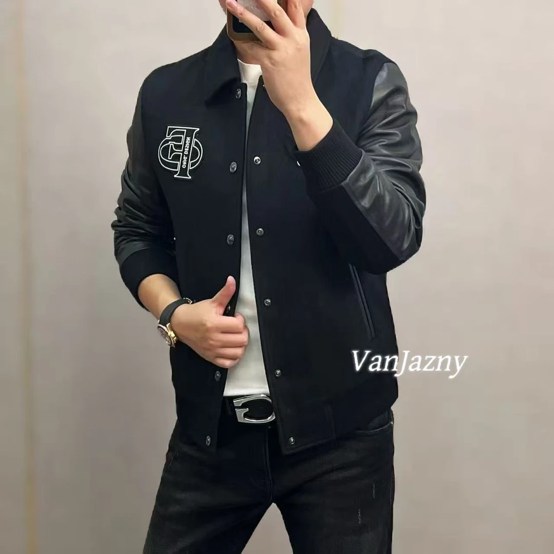 【VanJazny】新款轻奢男士翻领拼皮字母图案夹克88119