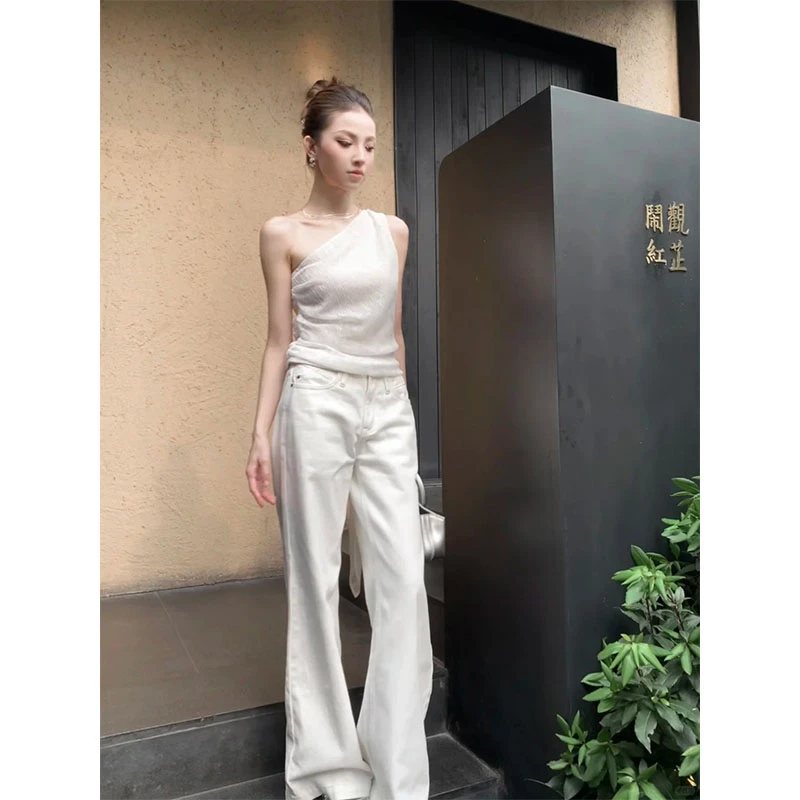 极简风气质时髦设计感飘带斜肩背心上衣夏季高腰直筒休闲长裤套装