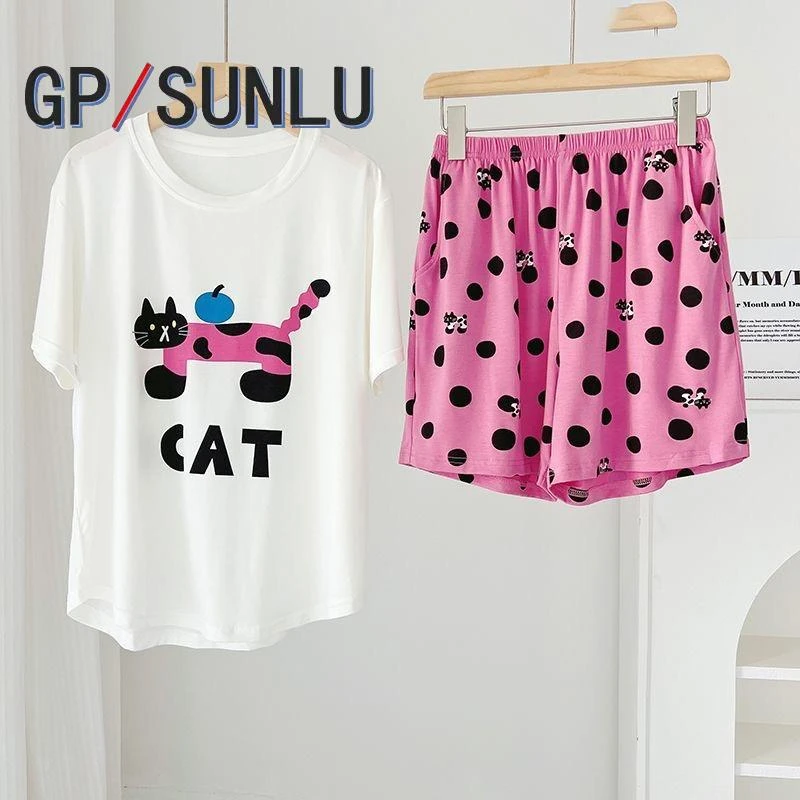 日本小众GP可爱波点猫咪圆领睡衣夏季棉质女士家居服宽松版短袖短