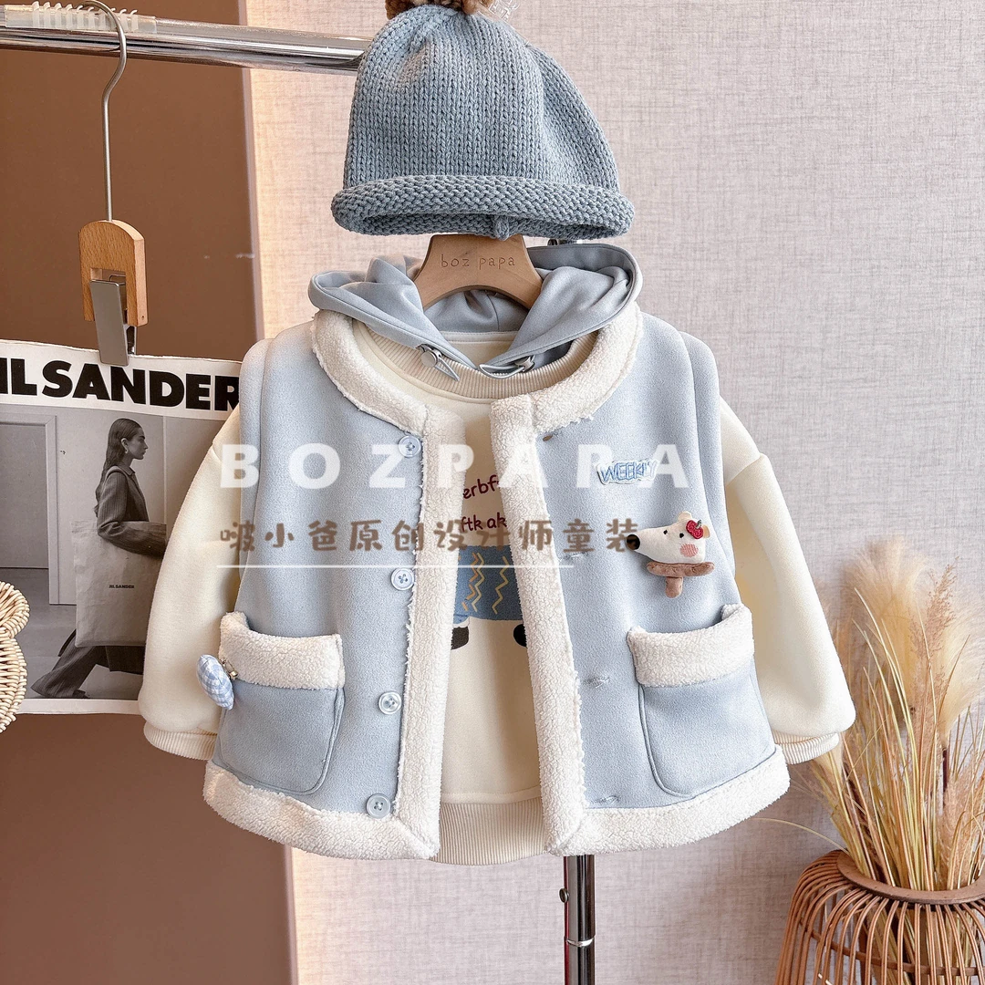 啵小爸【半调奶蓝】2025年冬季男童大口带毛毛锁边加绒马甲