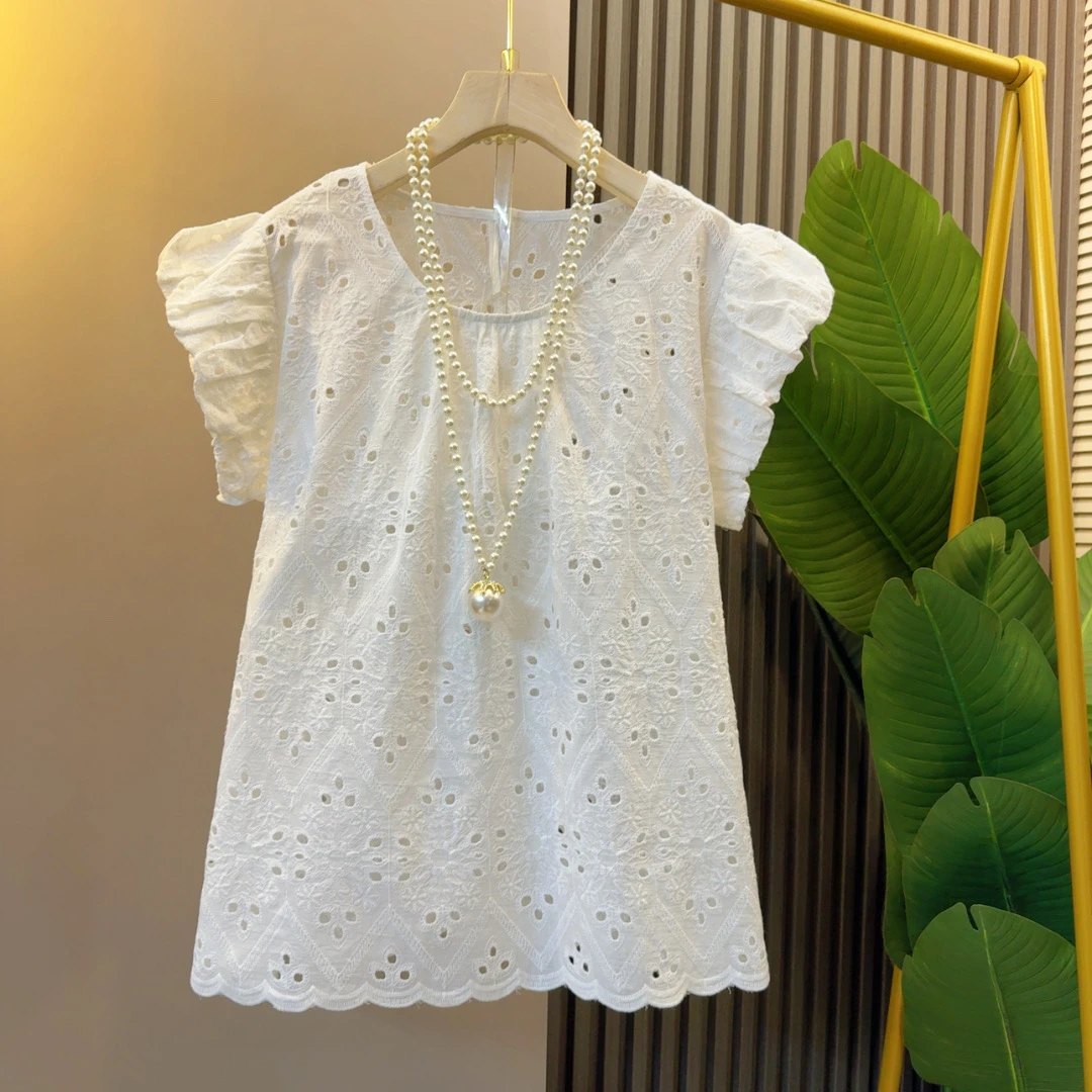 纯色简约通勤百搭飞飞袖镂空设计感小衫衣长62左右