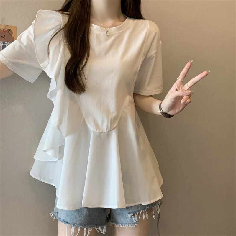 大码女装荷叶边短袖T恤女2025新款夏季胖mm显瘦遮肚子上衣藏肉