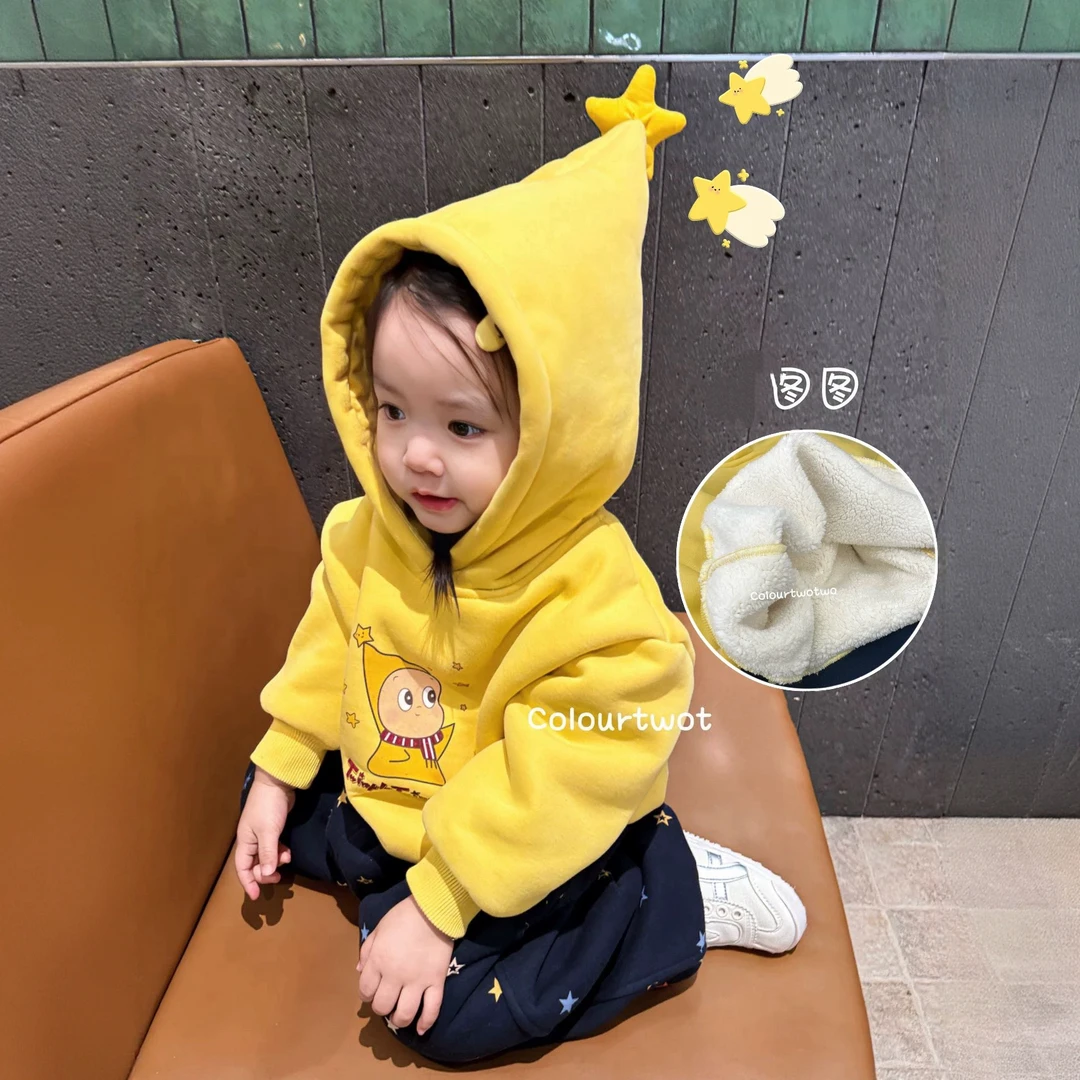 童装女童套装冬装2025新款时髦儿童可爱卡通黄色加绒连帽卫衣卫裤
