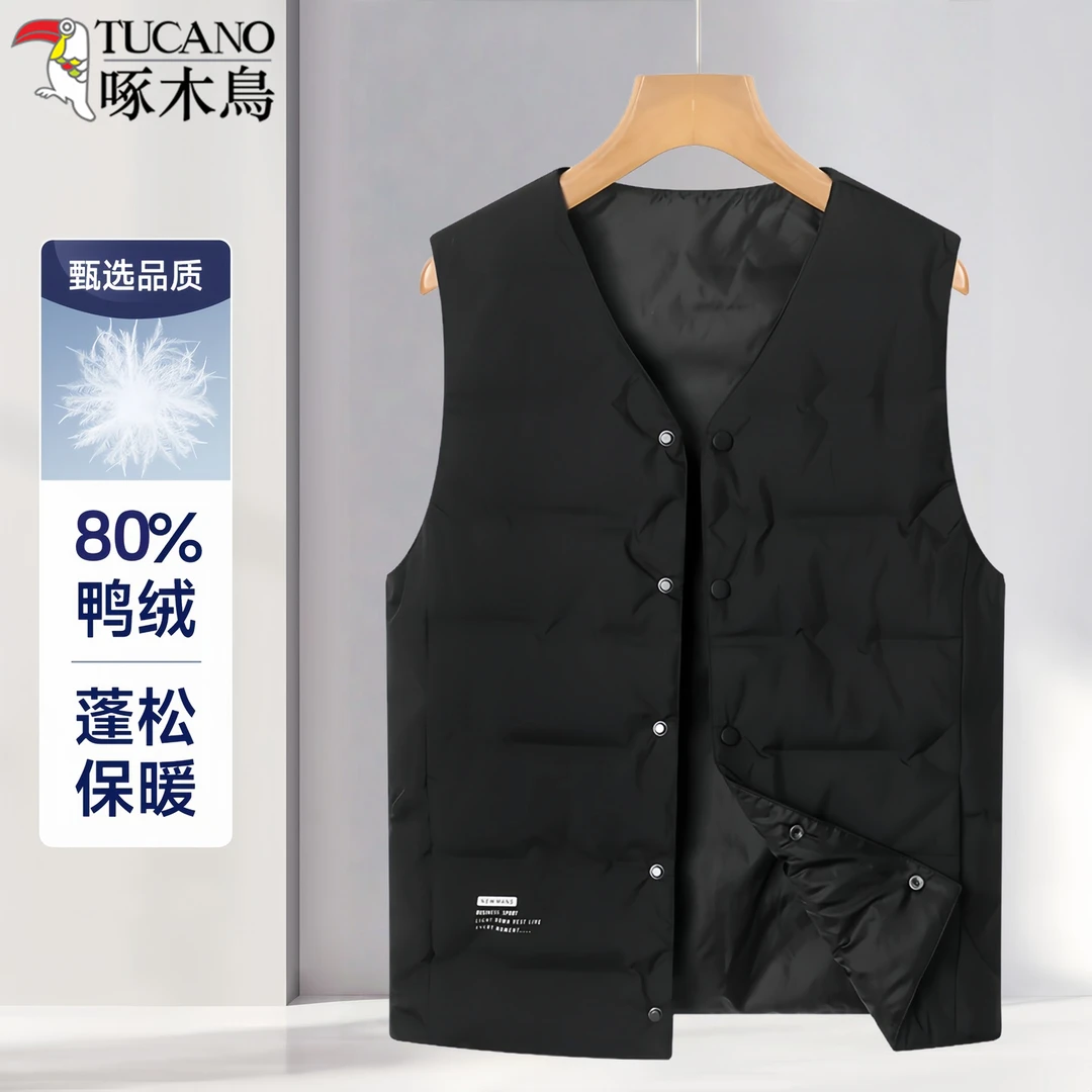 啄木鸟羽绒马甲男2025新款秋冬休闲保暖鸭绒背心V领短款马夹大码
