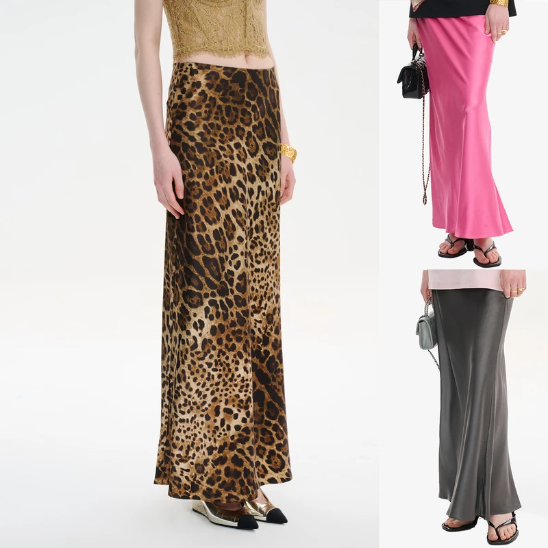 YIMAIMAI日本提花高定无袖钉珠花苞上衣真丝鱼尾半裙豹纹玫红灰色