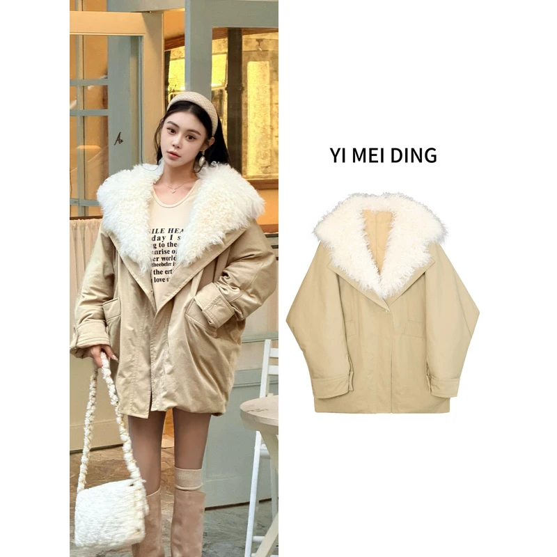 YR05【依美丁】羊毛大毛领翻领蝙蝠袖茧型设计鹅绒派克服