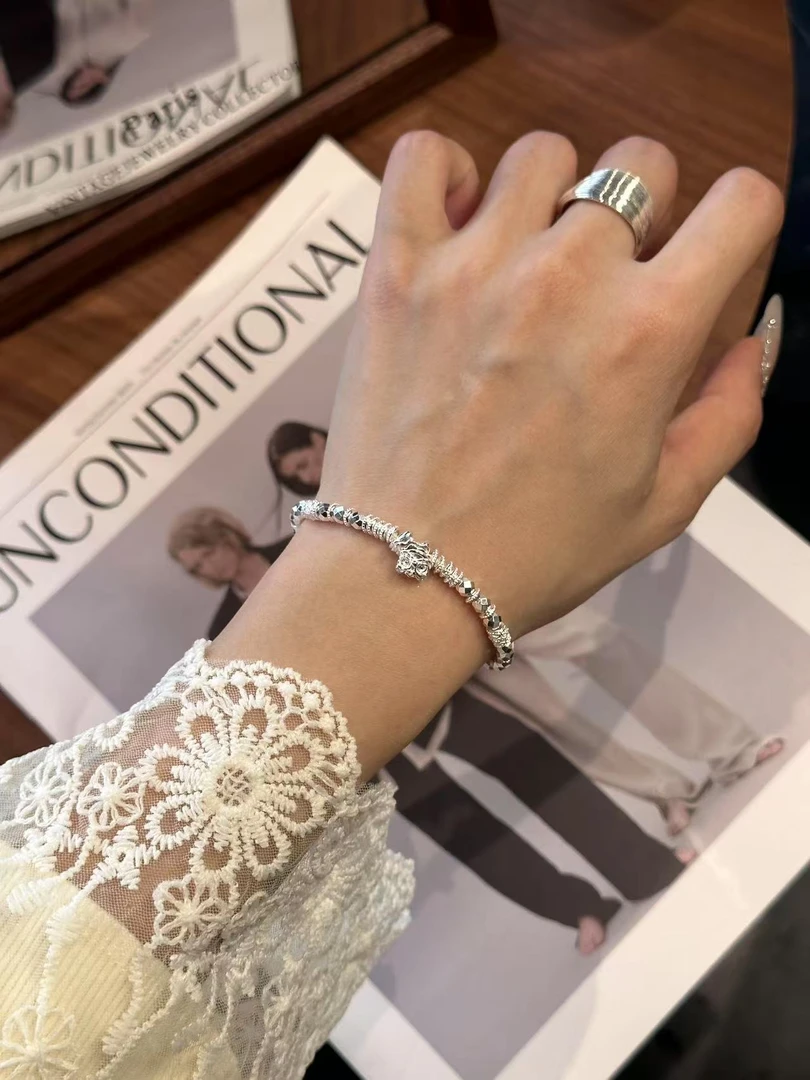 足银手链 足银999招财【醒狮采青】称心如意亮面蹦迪珠银手链轻奢