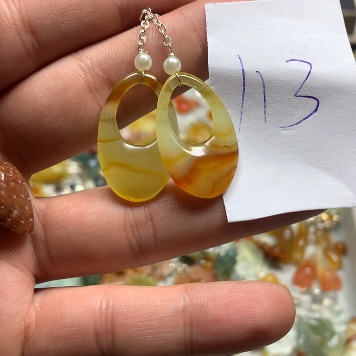 蛇纹石玉耳钉足银镀金镶嵌伊*