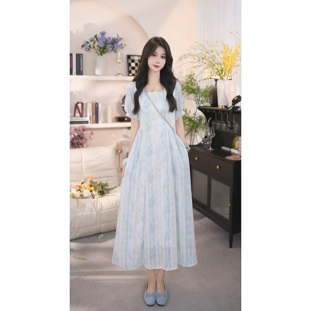 【有口袋】蓝色晕染收腰夏季新款方领晕染系时尚显瘦温柔连衣裙1512