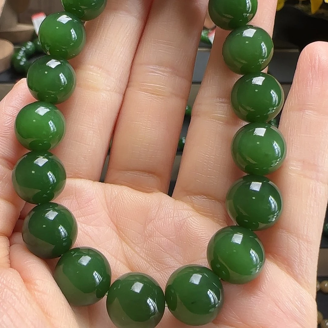 和田玉（碧玉）未镶嵌手串俄料碧玉辣阳绿卡11+