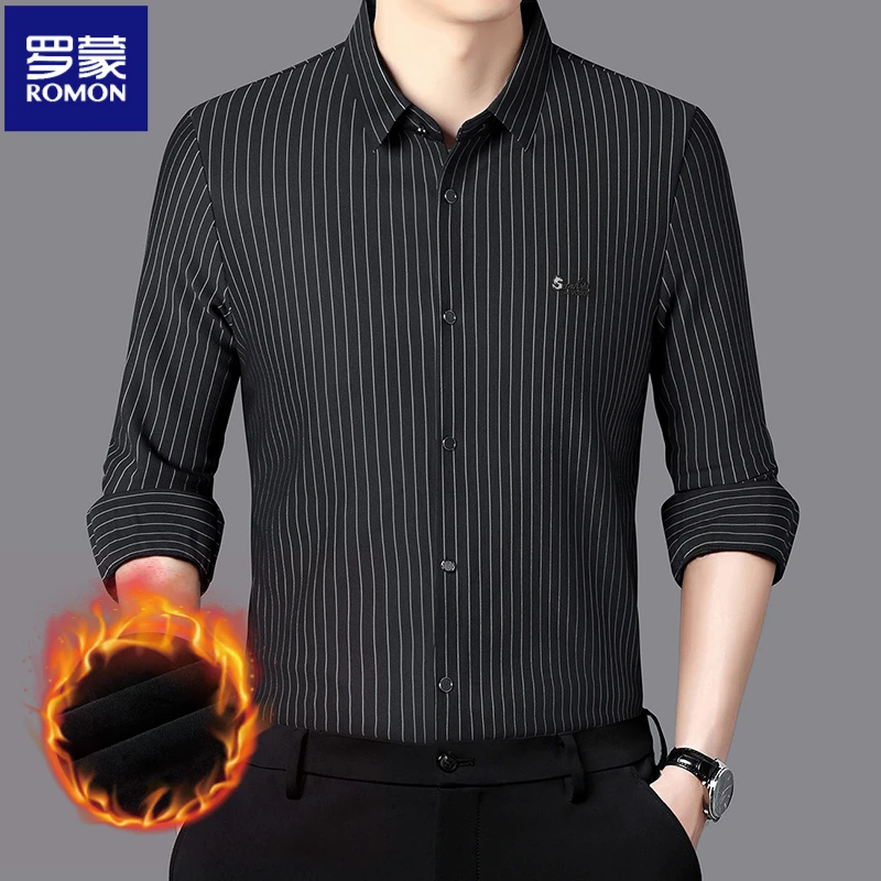 【加绒加厚】罗蒙冬季男士加绒加厚长袖保暖衬衫弹力抗皱条纹衬衣男
