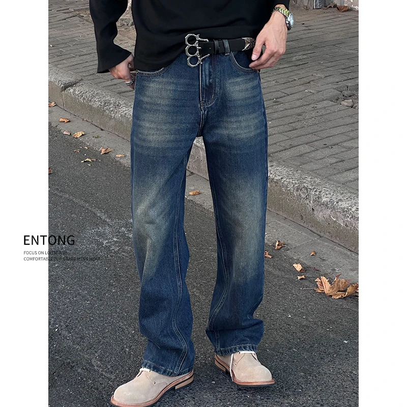 Entong美式街头宽松微喇牛仔裤男生水洗直筒裤子秋季潮牌百搭长裤