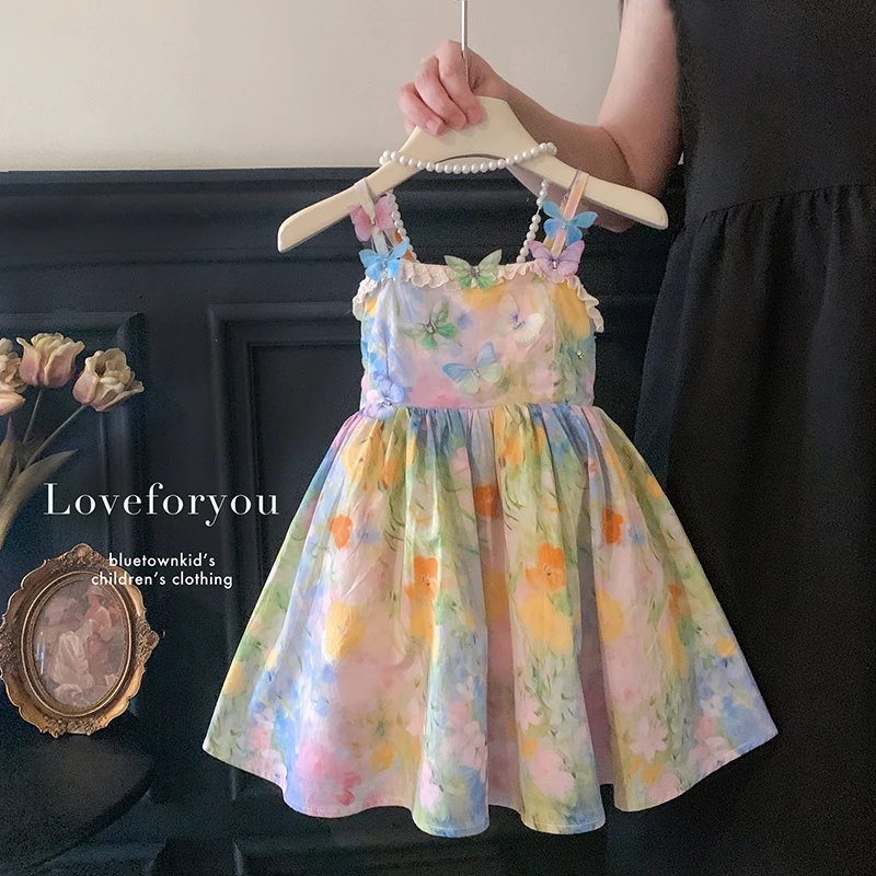 2025夏“花与珍珠匣”女童气质吊带童裙甜美立体蝴蝶连衣裙25X122