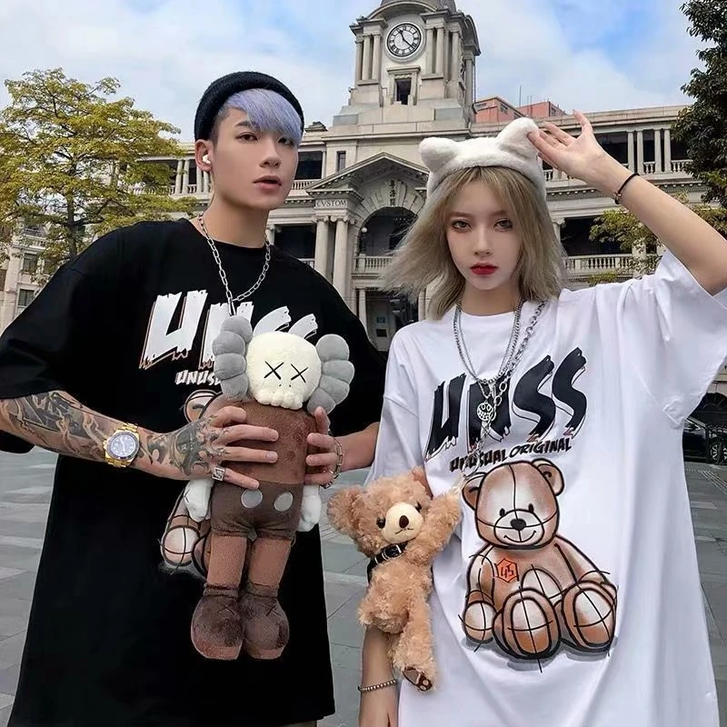 情侣T恤装时尚潮牌小熊短袖T恤男女oversize情侣装夏ins潮流半袖