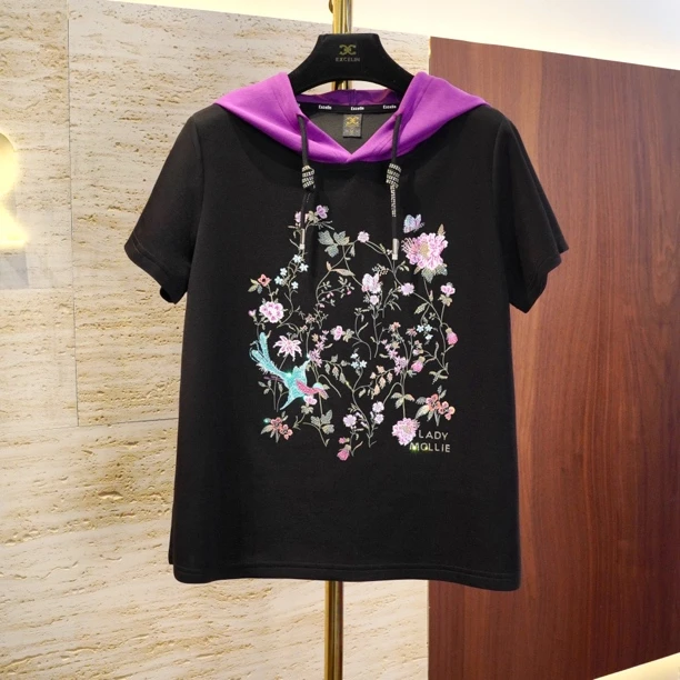 凤鸟传奇黑紫短袖帽衫】夏季新款时髦穿搭洋气显瘦女式出行T恤上衣