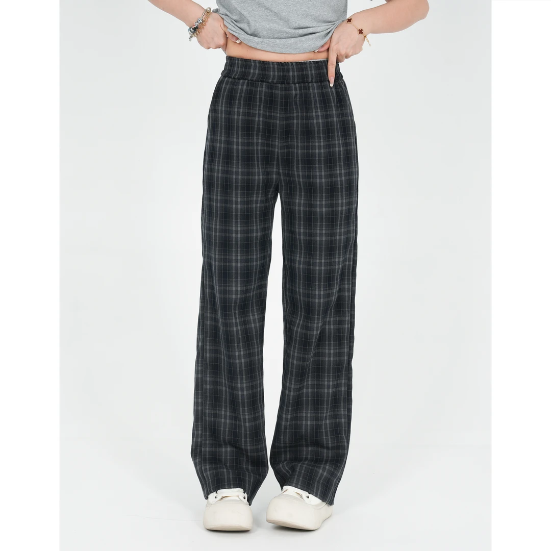 小个子圆圆KM2502春季新款显瘦格子窄版直筒裤高腰百搭休闲裤女