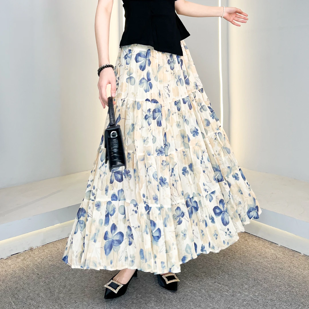 【春夏新款】2025女半身裙大摆长裙遮肉显瘦褶皱花裙高腰长裙