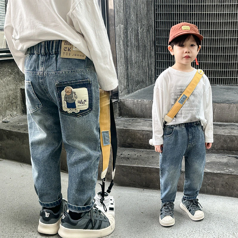 喜嘟童牛仔裤男中腰长裤韩版休闲牛仔裤春季女童男童修身洋气童装