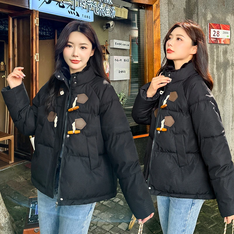 棉服女2024新款短款棉袄加厚宽松面包小个子冬季棉衣牛角扣外套