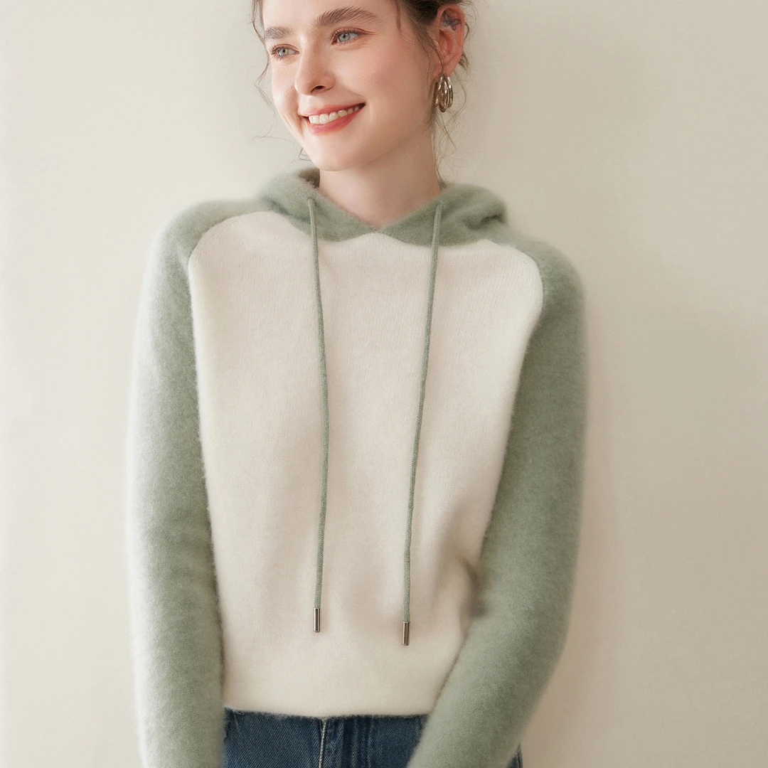 女士拼色羊绒帽衫