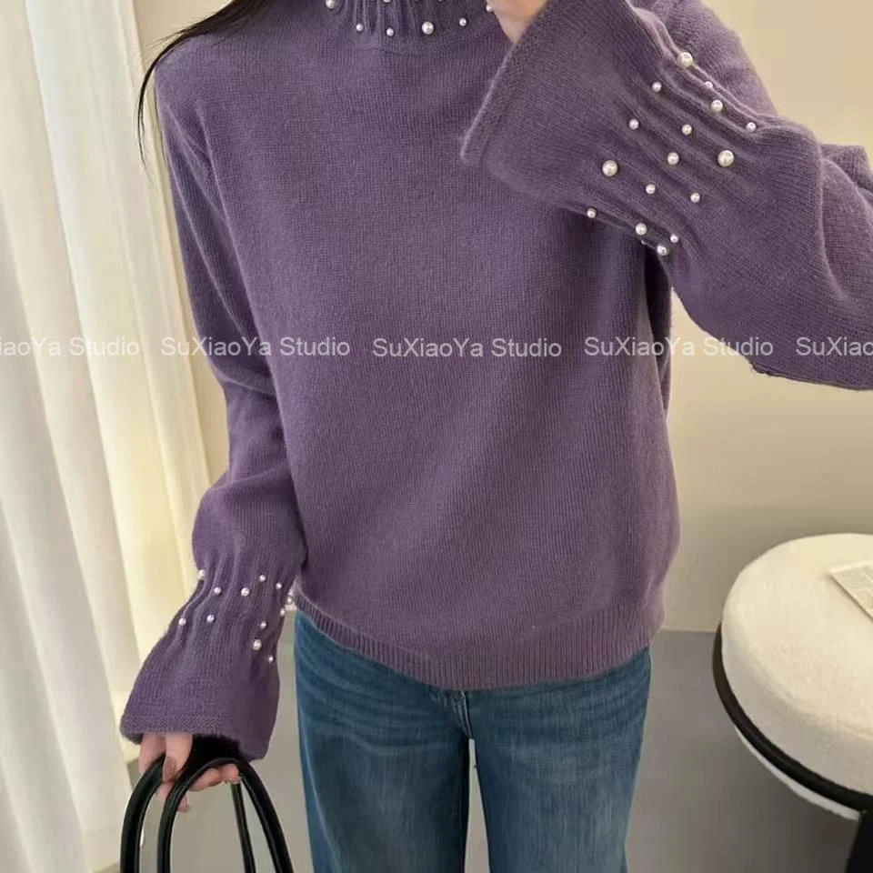 【珍珠木耳边高领紫】加厚毛衣2025新款冬季可外穿内搭打底针织衫