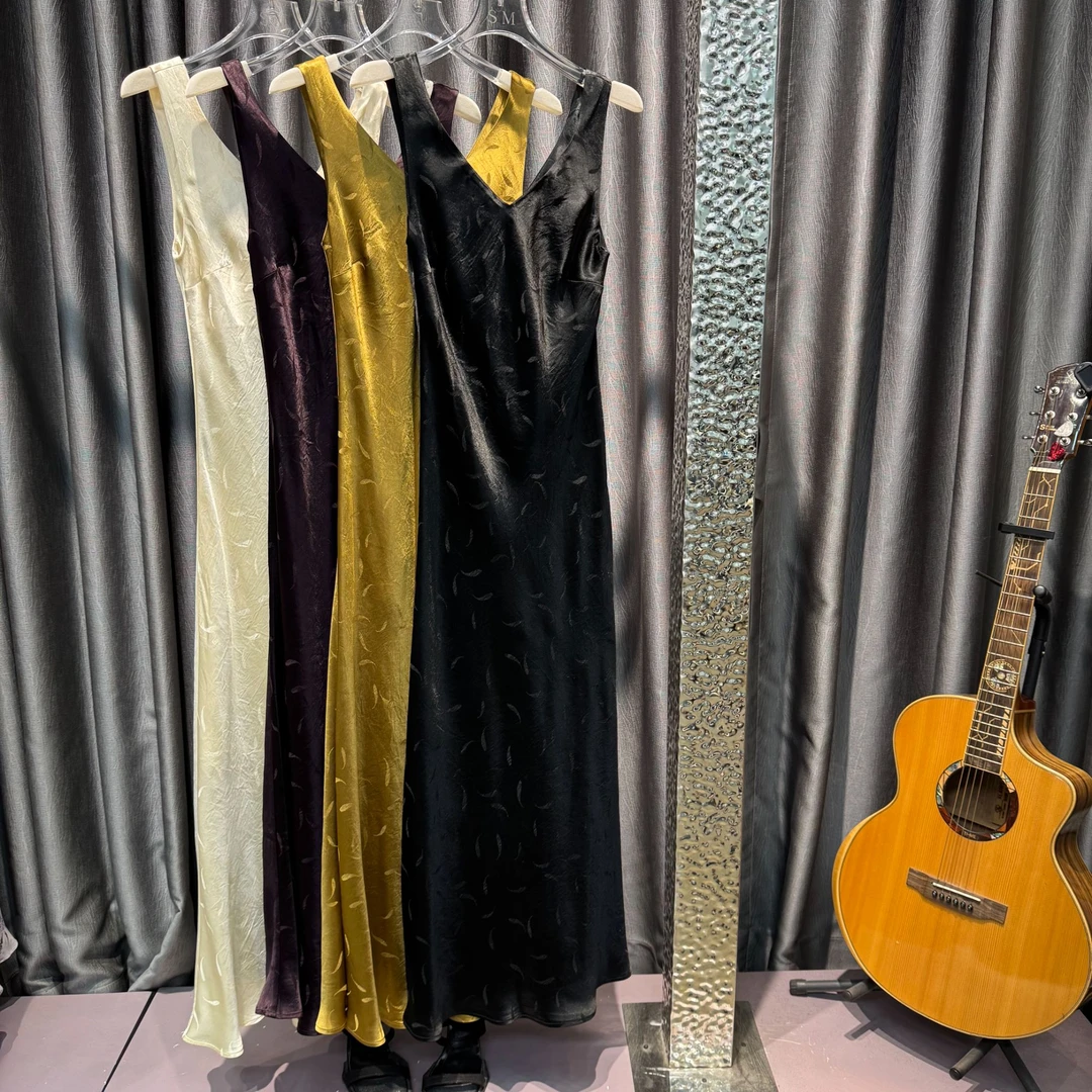 【三木原创】春夏新款五彩锦鲤醋酸纯色连衣裙宽肩带吊带裙