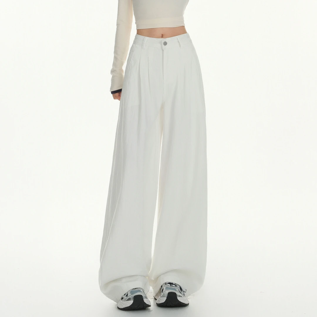 ZAVK高腰白色褶皱阔腿牛仔裤宽松垂感拖地显瘦百搭长裤