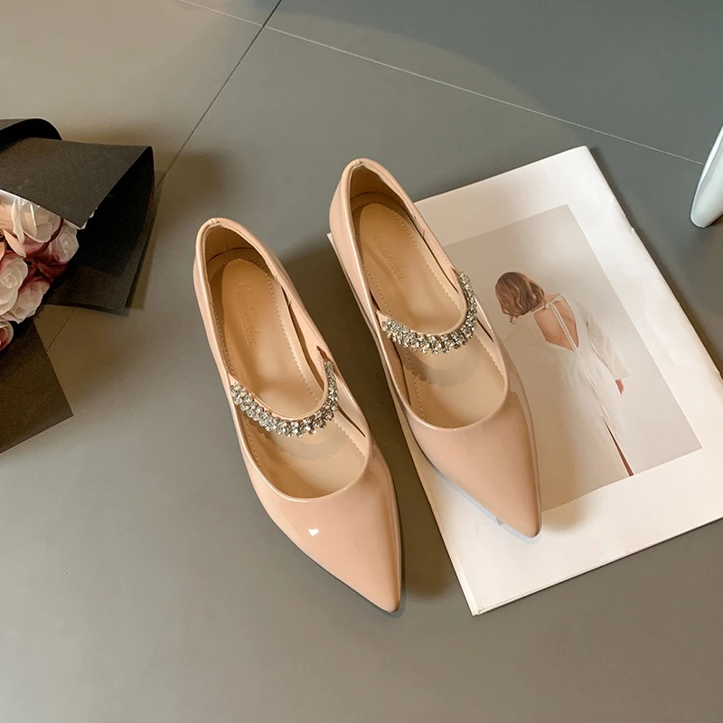 尖头水钻5CM隐形内增高单鞋女法式软皮浅口一字带玛丽珍鞋平底鞋