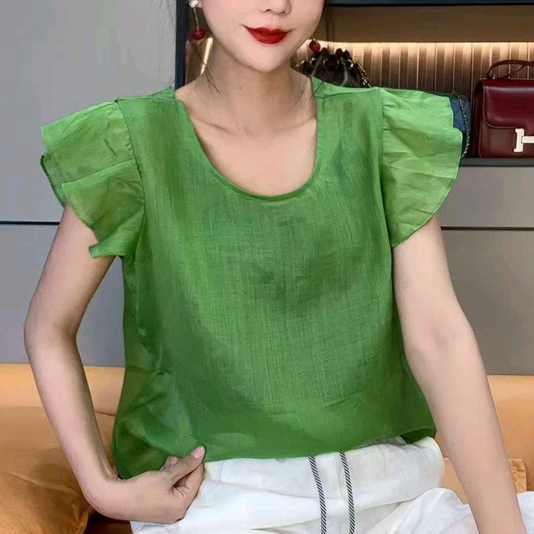 夏季绿色休闲亚麻衬衫高级感减龄气质绝美炸街单品