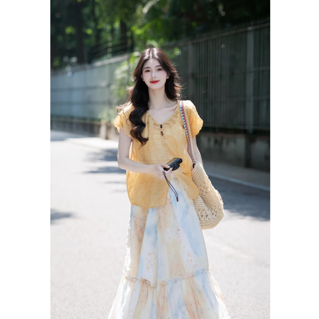 2025夏季新款波西米亚风雪纺上衣复古蕾丝拼接渐变半身裙两件套潮
