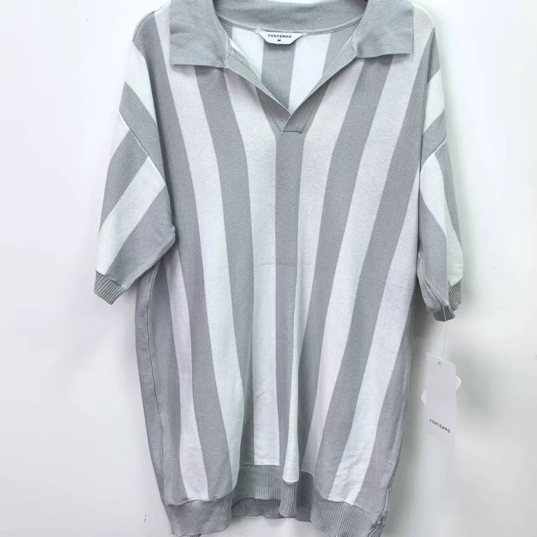 F3 竖条纹拼色翻领针织短袖