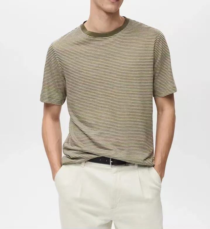 西班牙订单 72%亚麻 男士基础横条纹垂感短袖T恤