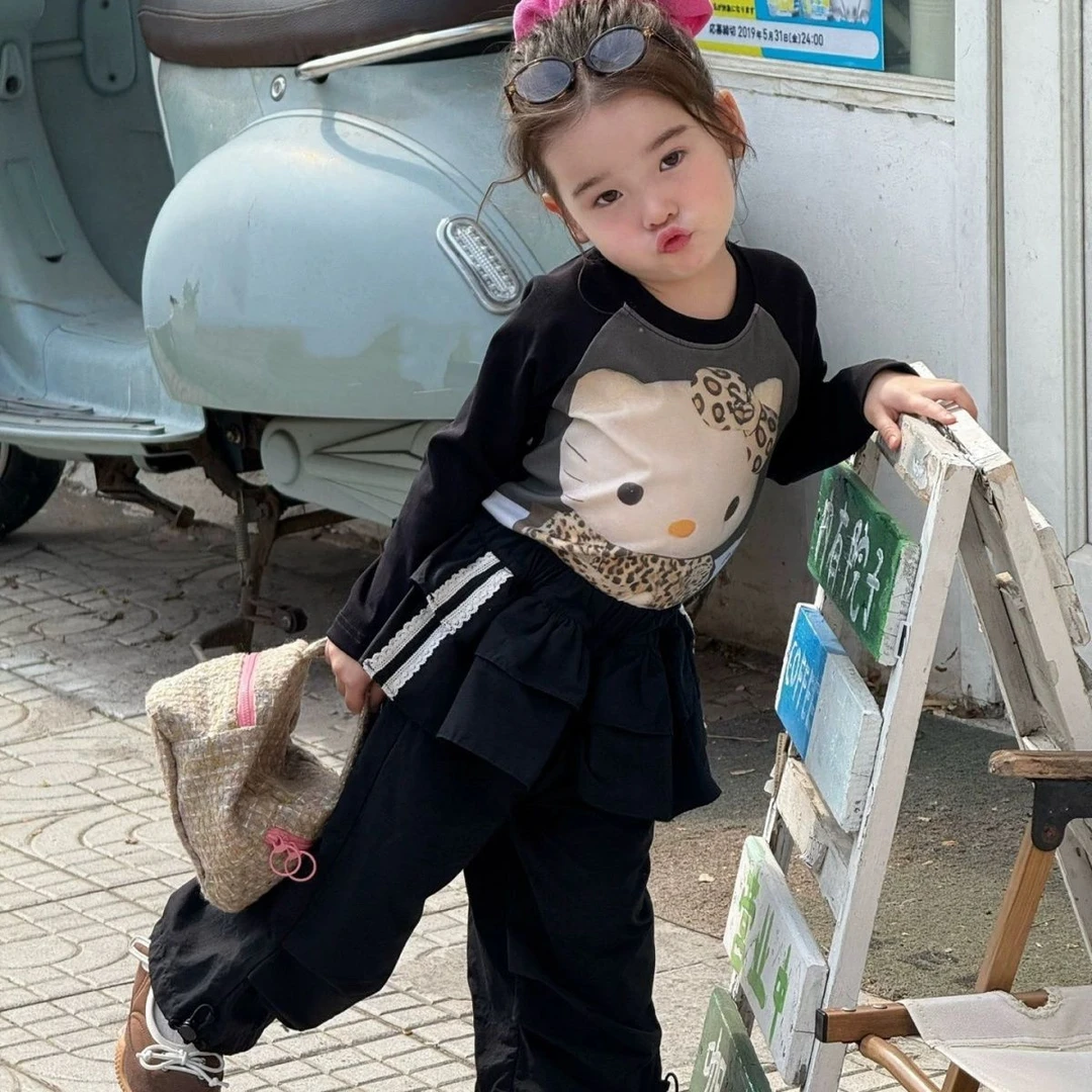 女童长袖T恤屁帘工装裤2025秋季新款卡通印花猫咪打底衫百搭长裤