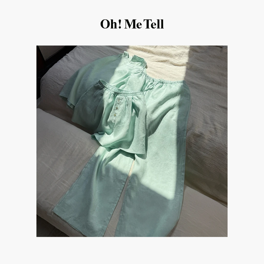 Oh！Me Tell【亚麻假日仙女套装】挂脖上衣+直筒长裤+短裤三件套组合