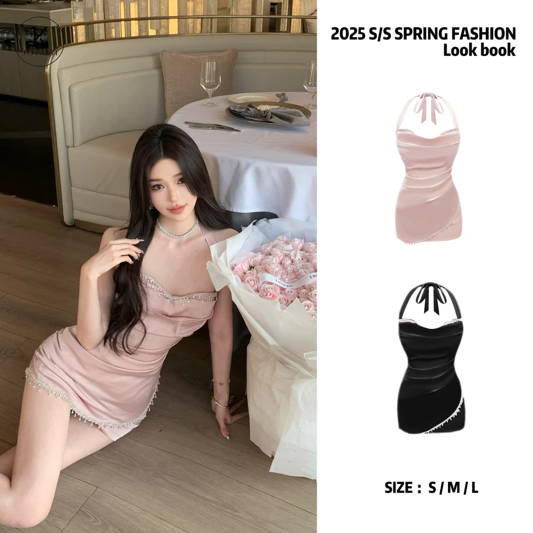 JOY KIKI金金【美丽人生】 春季御姐收腰显瘦亮钻挂脖连衣裙J25A070