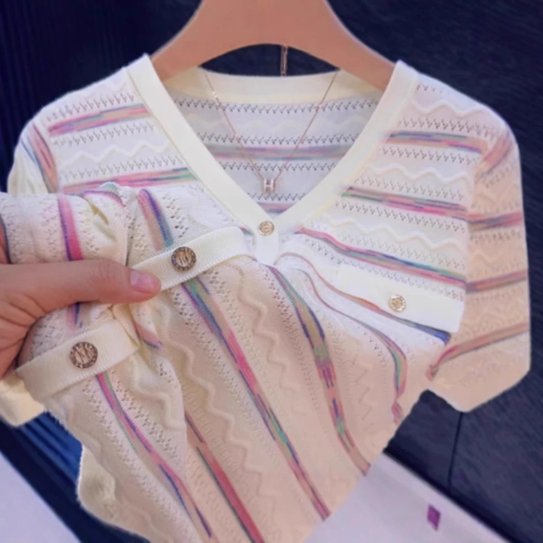 049#宽松显瘦冰丝短袖小香风假开衫V领气质镂空薄款百搭洋气短款