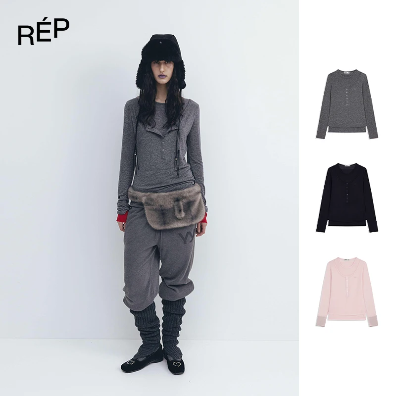 REP-OPEN YY设计师品牌粉/灰/藏青色层叠式亨利休闲T 25FW秋冬