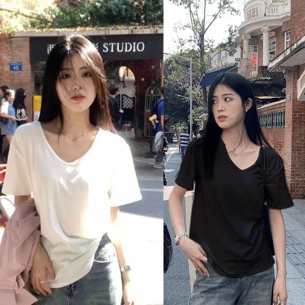 短袖【两件装】纯色大领口V领打底衫潮牌短袖t恤女宽松休闲显瘦内搭