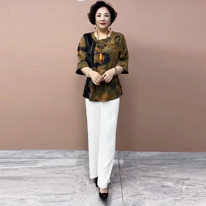 2252短袖夏季中老年妈妈真丝两件套装桑蚕丝上衣拼接宽松大码减龄