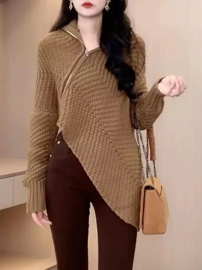 广州唐乐乐~秋冬新款韩版不规则斜拉链针织毛衣女设计感上衣女装
