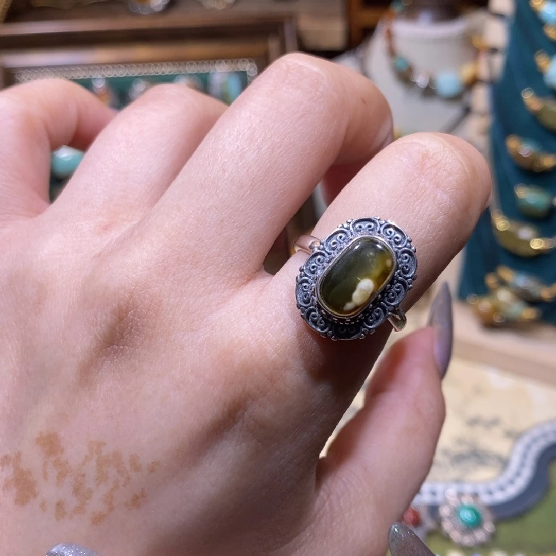 琥珀银S925镶嵌戒指戒指