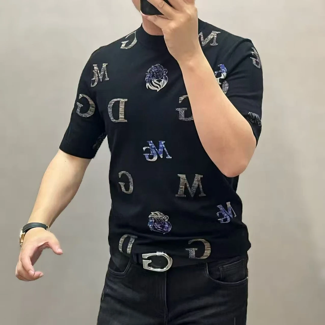 新款高端男士时尚狮头印花圆领短袖羊毛衫79101