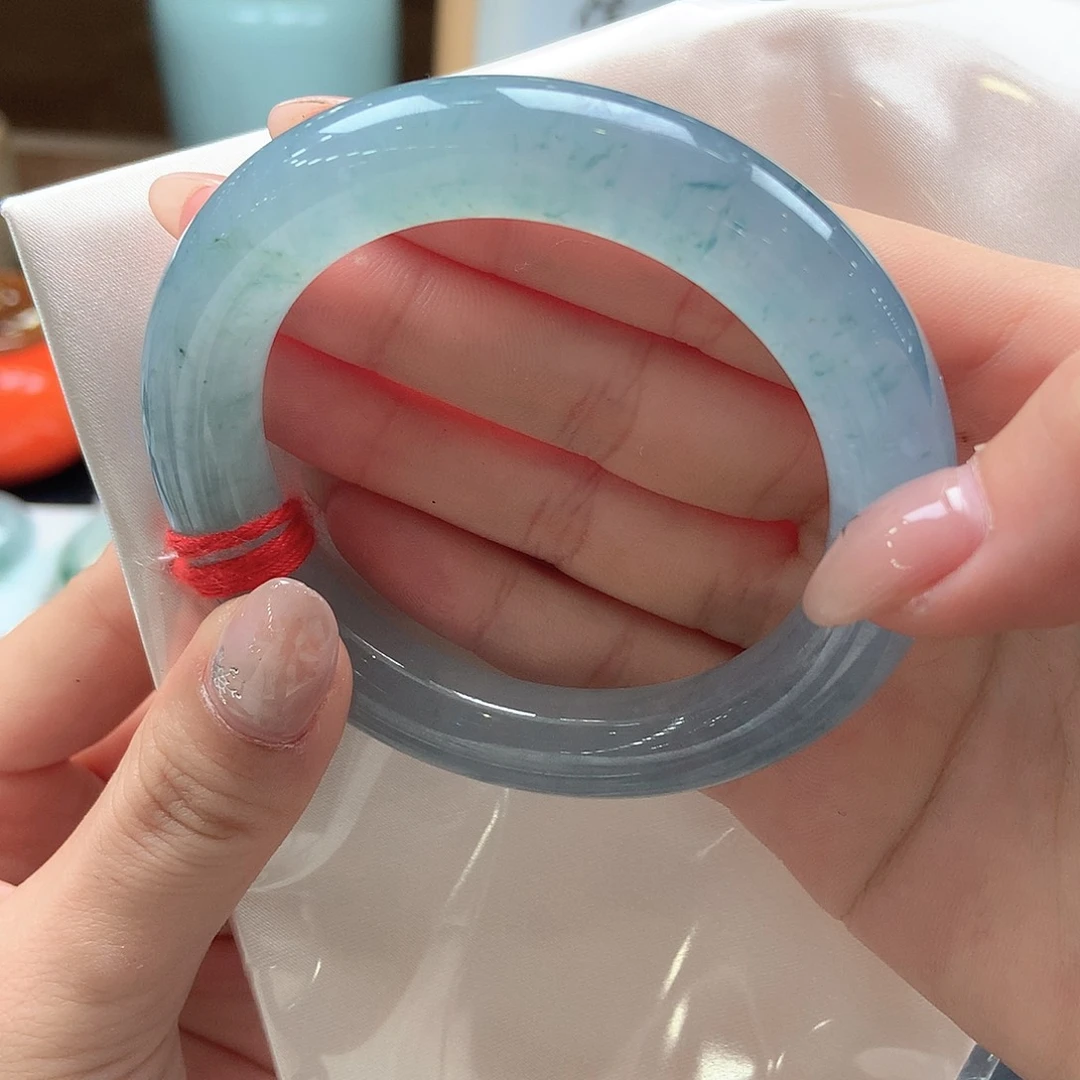 翡翠未镶嵌手镯胖圆冰蓝碎花26号