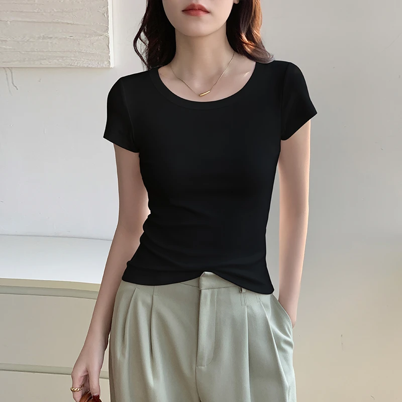 黑色t恤女短袖修身百搭正肩上衣2025新款春夏内搭打底衫紧身体恤